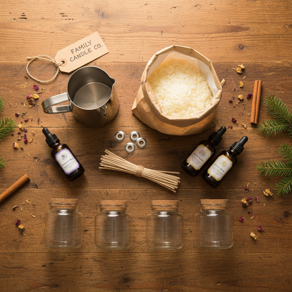 Soy Wax + Wick Candle Kit flat lay with wax flakes, wicks, fragrance oils and glass jars