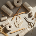Macramé Cord Set flat lay with natural cotton cord, wooden dowels, scissors and finished wall hanging