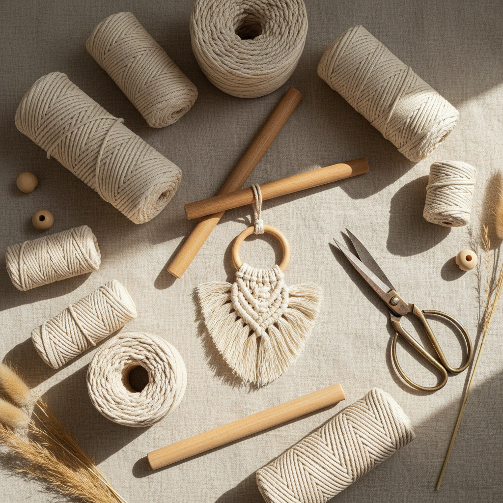 Macramé Cord Set flat lay with natural cotton cord, wooden dowels, scissors and finished wall hanging