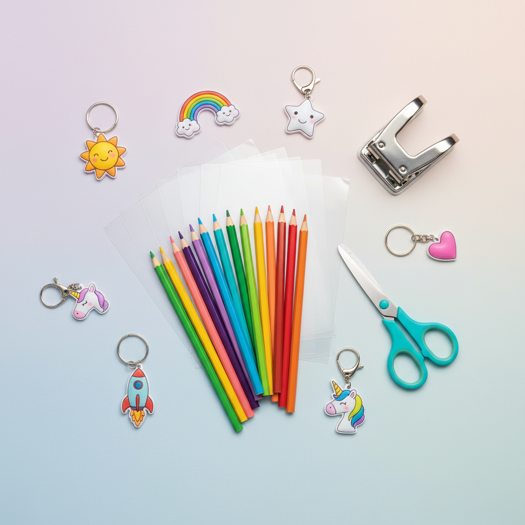 Shrink Plastic Sheets craft kit flat lay with colored pencils, scissors and finished charms
